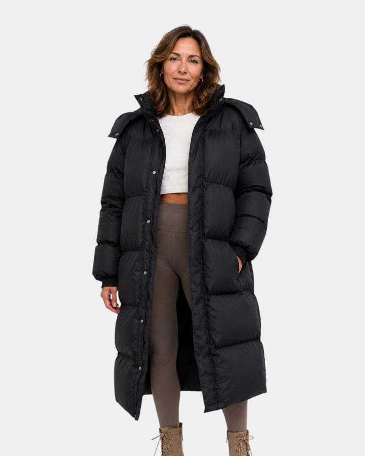 Dlhý oversize prešívaný kabát s vysokým golierom