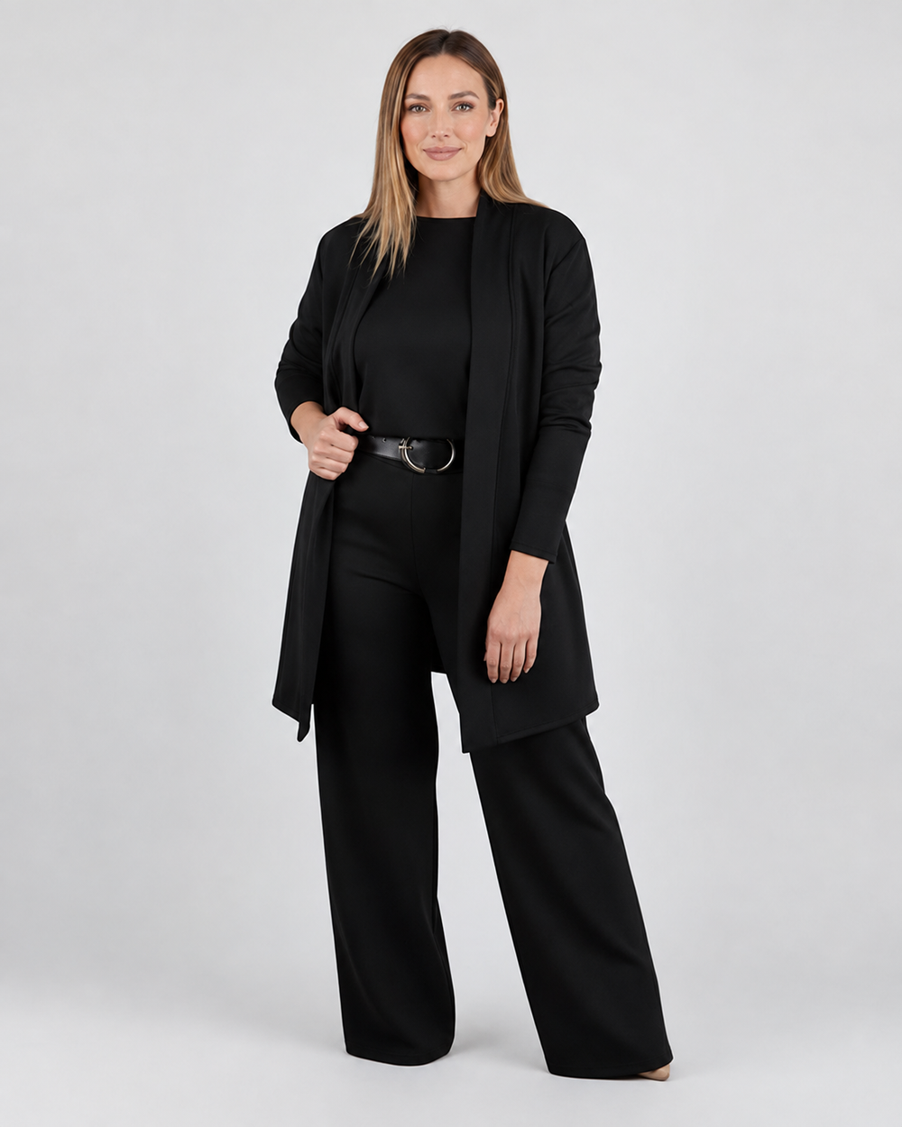 Longline cardigan with dark green cargo pants