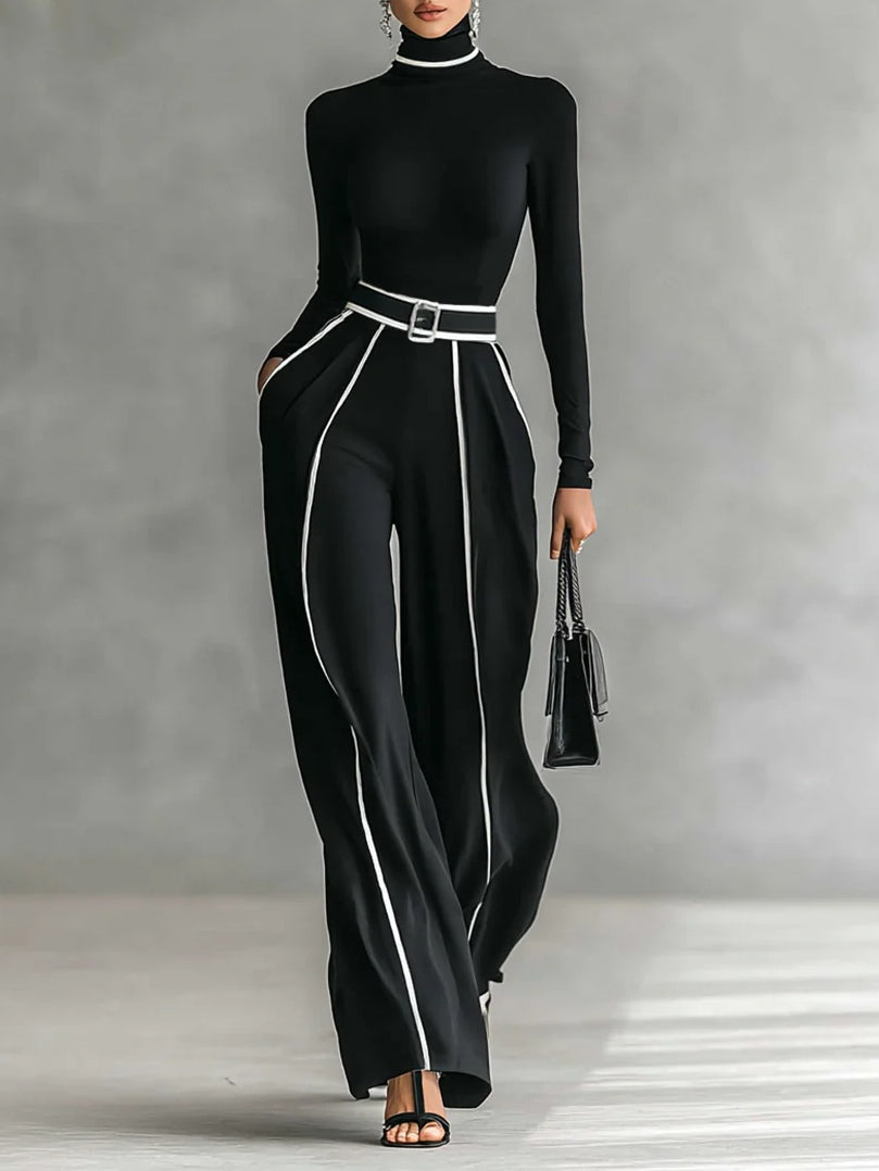 Čierny komplet so stojačikom a kontrastným lemovaním