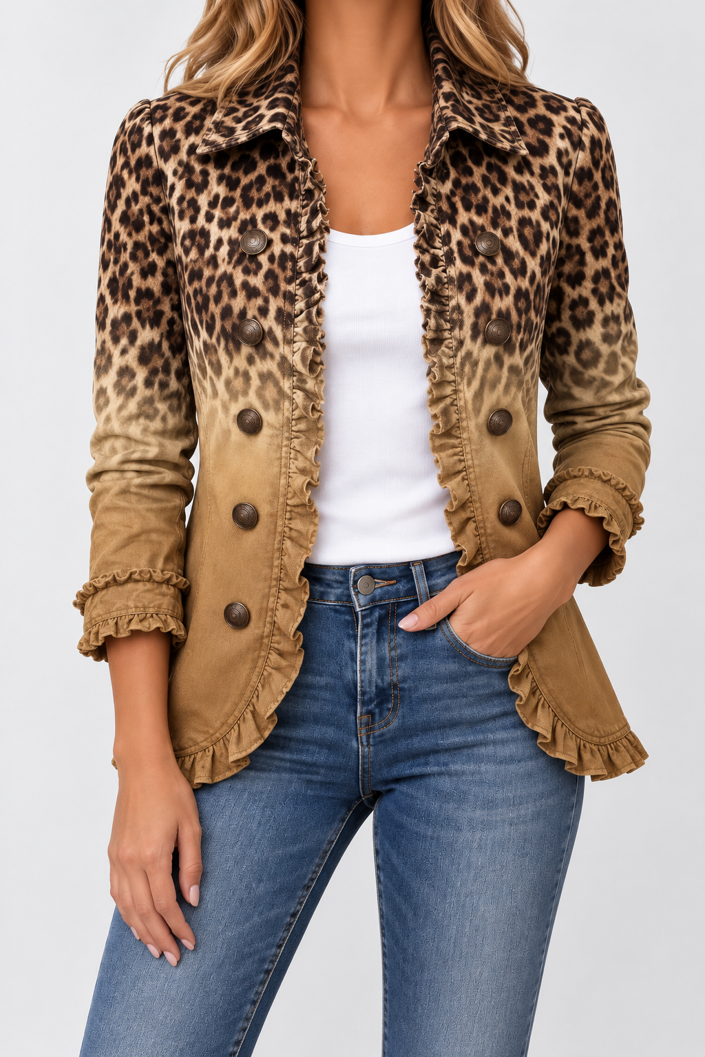 Béžová bunda s leopardím vzorom a volánmi